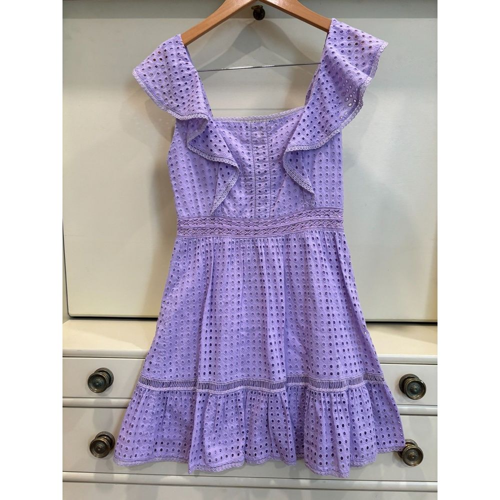 Alice and Olivia Remada Eyelet Mini Dress Lavender Ruffle Sz 0 MSRP $250